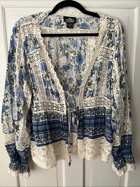 Angie Tops - New - Angie Blue and Cream Floral Crochet-Trim Boho Blouse size Large